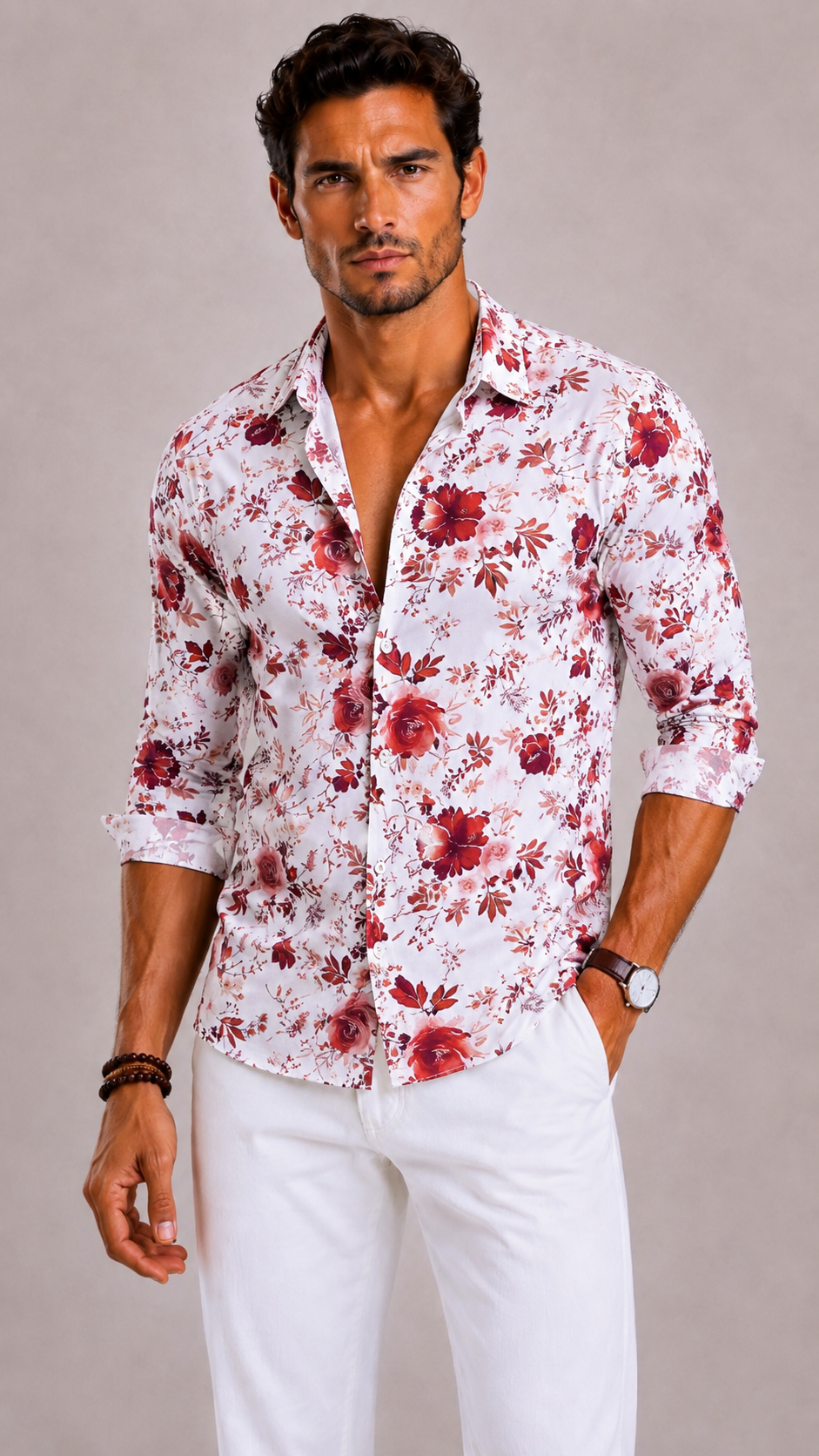 Men's Shirt with Floral Print and Long Sleeves
