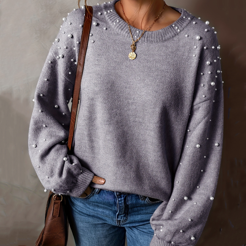 Pearl-Embellished Women's Jumper with Puff Sleeves