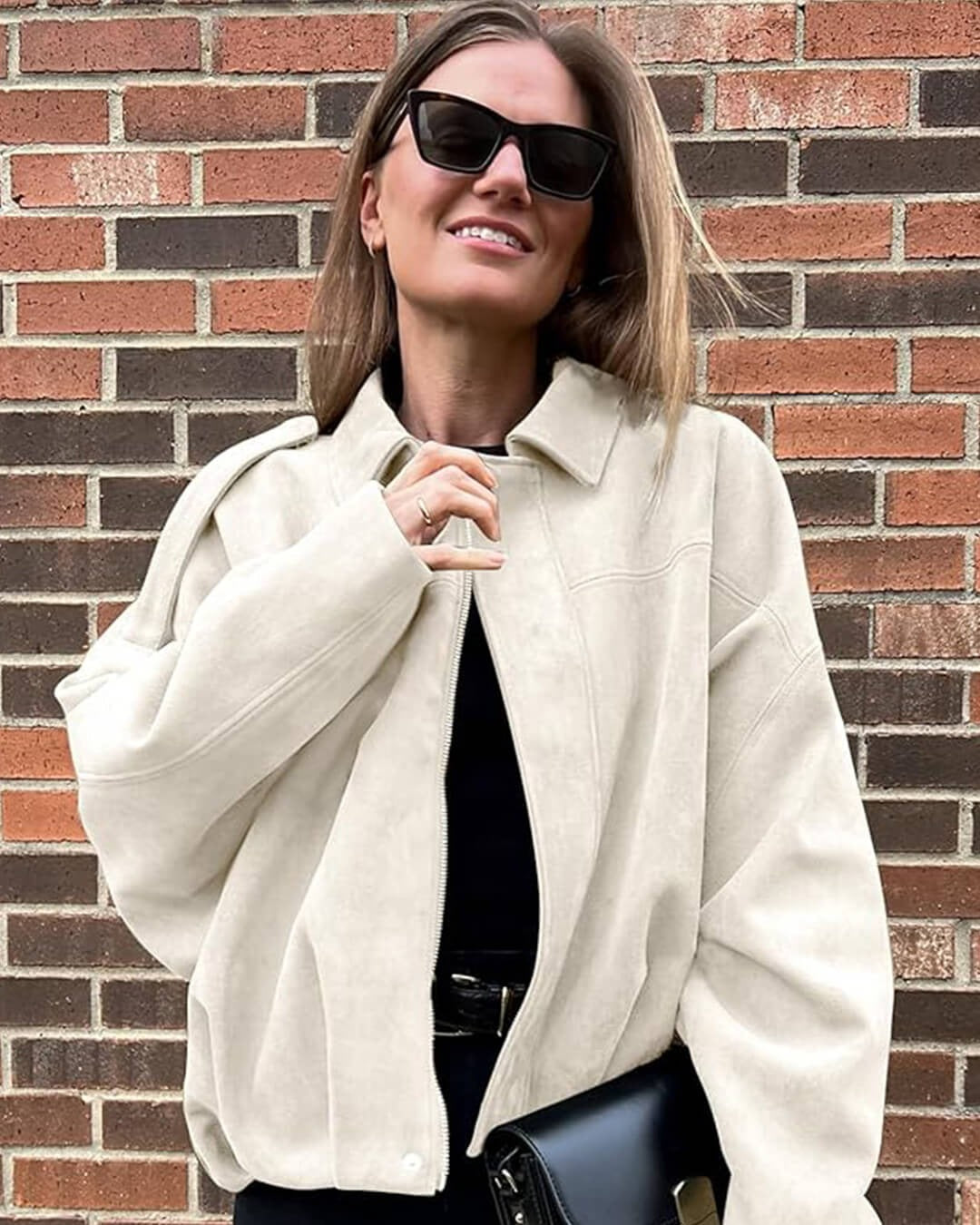 Bomber Jacket for Women in Suede with Ribbed Cuffs