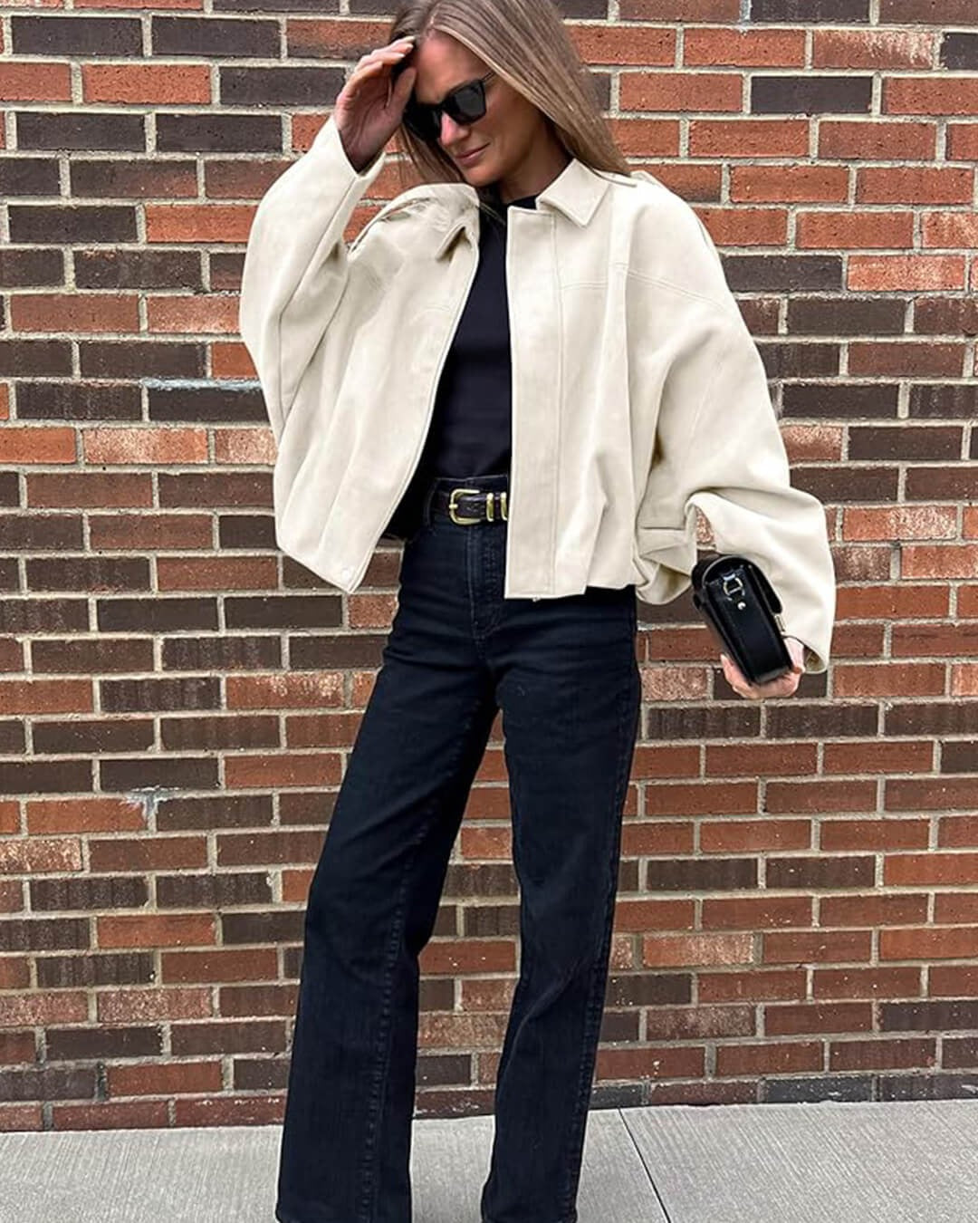 Bomber Jacket for Women in Suede with Ribbed Cuffs
