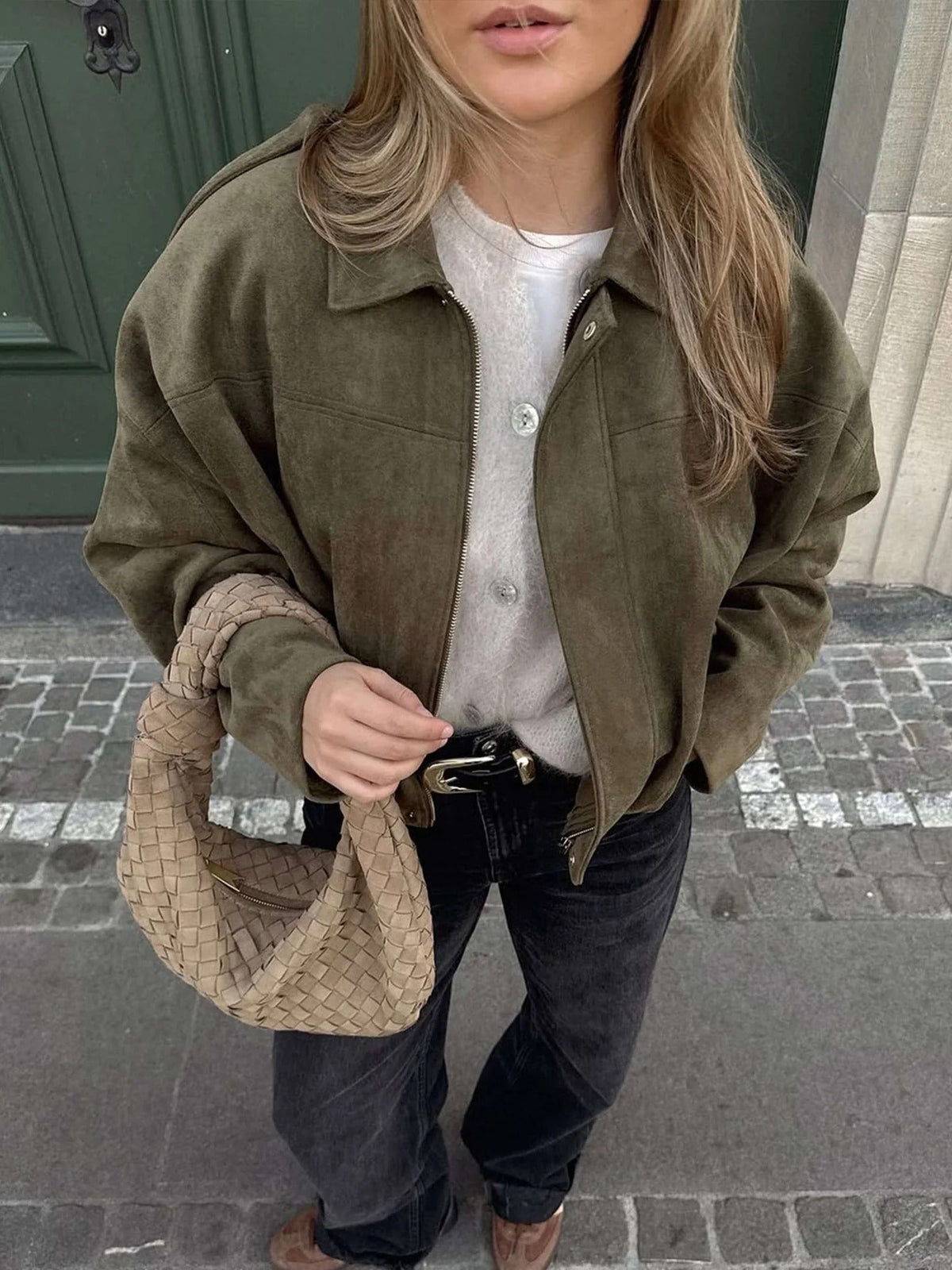 Bomber Jacket for Women in Suede with Ribbed Cuffs