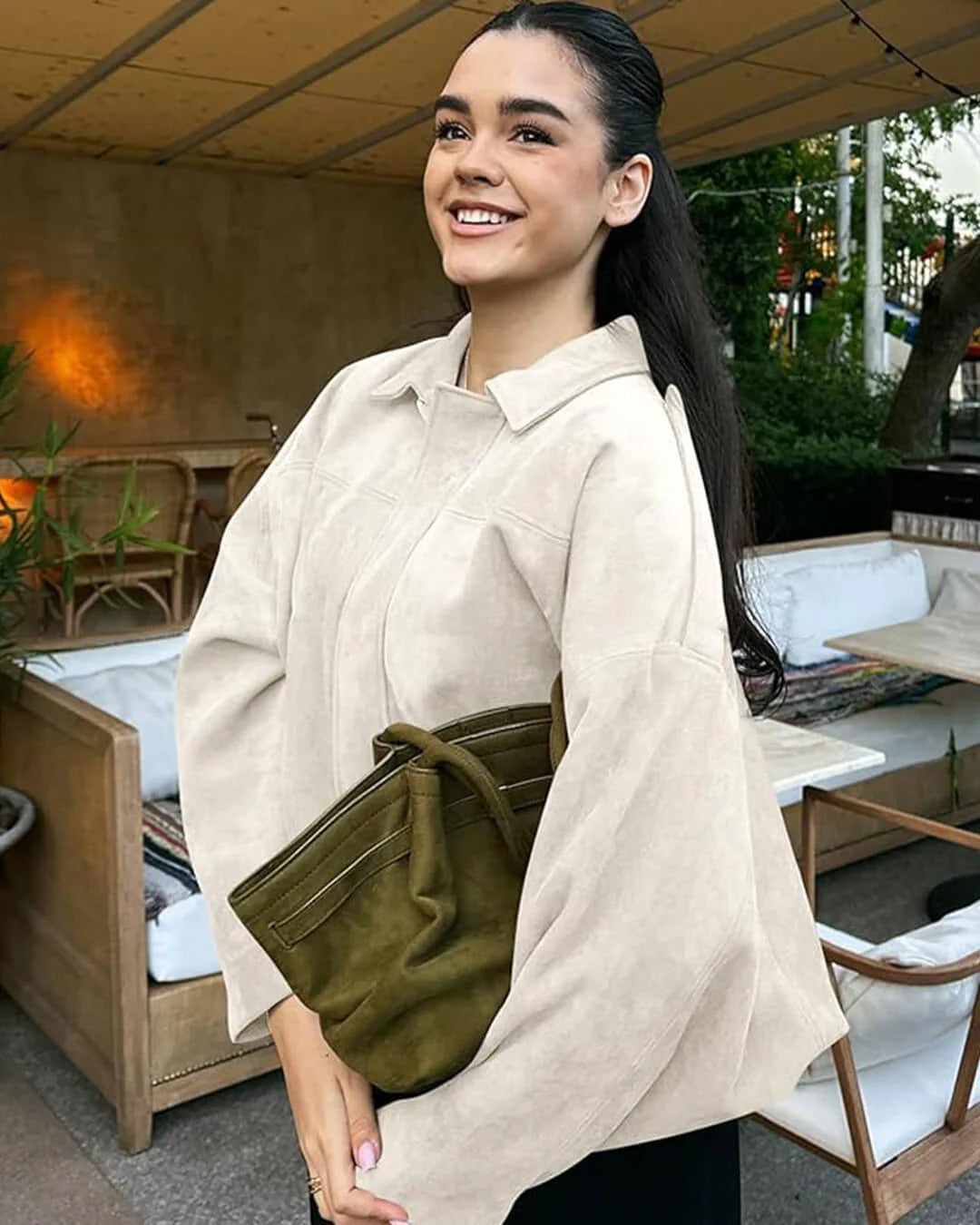 Bomber Jacket for Women in Suede with Ribbed Cuffs