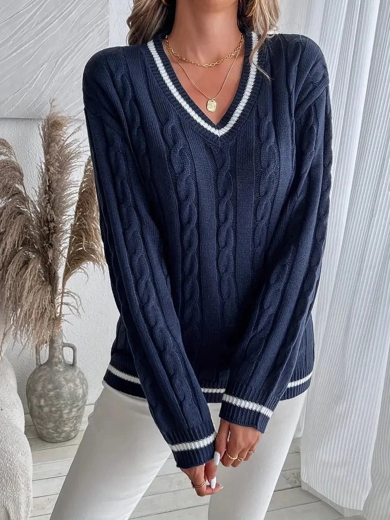 V-Neck Cable Knit Sweater for Women