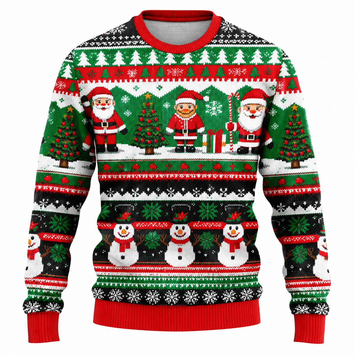 Men's Christmas Sweater featuring Santa Claus, Snowman, and Snow-Covered Trees Print, Round Neck, Straight Fit, and Ribbed Cuffs