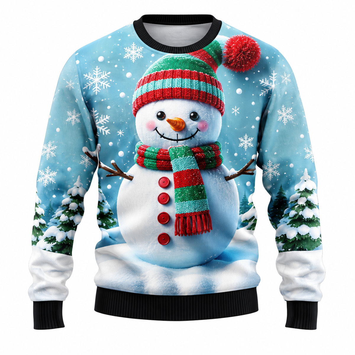 Men's Christmas Sweater featuring Santa Claus, Snowman, and Snow-Covered Trees Print, Round Neck, Straight Fit, and Ribbed Cuffs