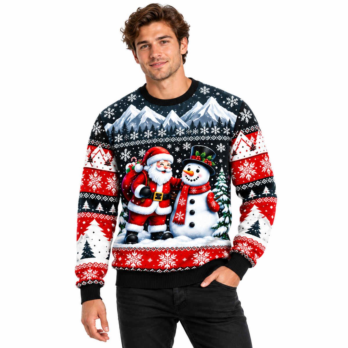 Men's Christmas Sweater featuring Santa Claus, Snowman, and Snow-Covered Trees Print, Round Neck, Straight Fit, and Ribbed Cuffs