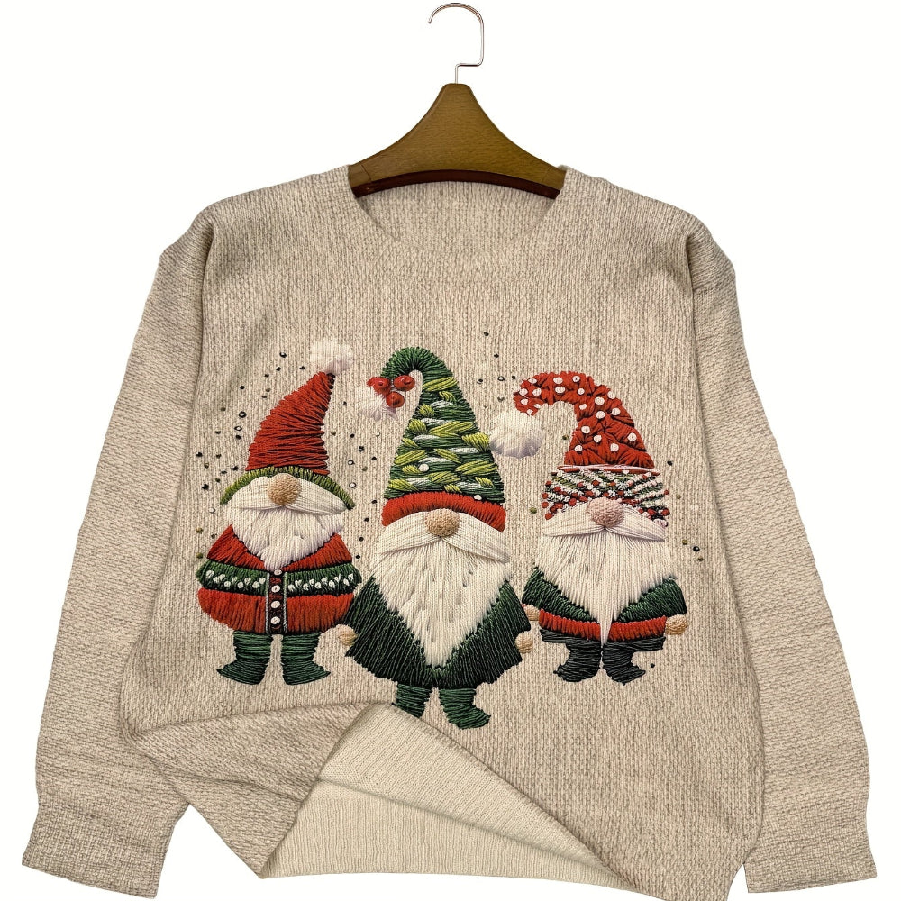 Festive Women's Christmas Sweater Featuring a Whimsical Embroidered Gnome Design