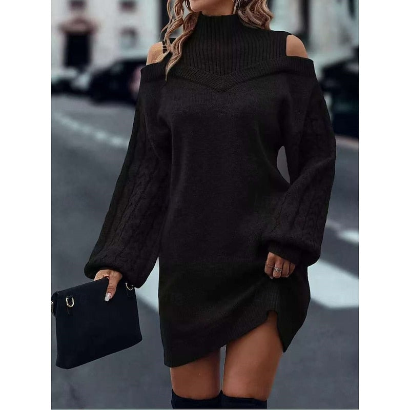 Everly | Turtleneck Sweater Dress with Cold Shoulder Design
