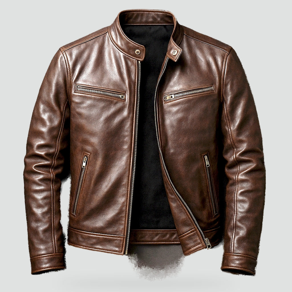Classic Leather Jacket with Stand-Up Collar and Zipped Pockets for Men