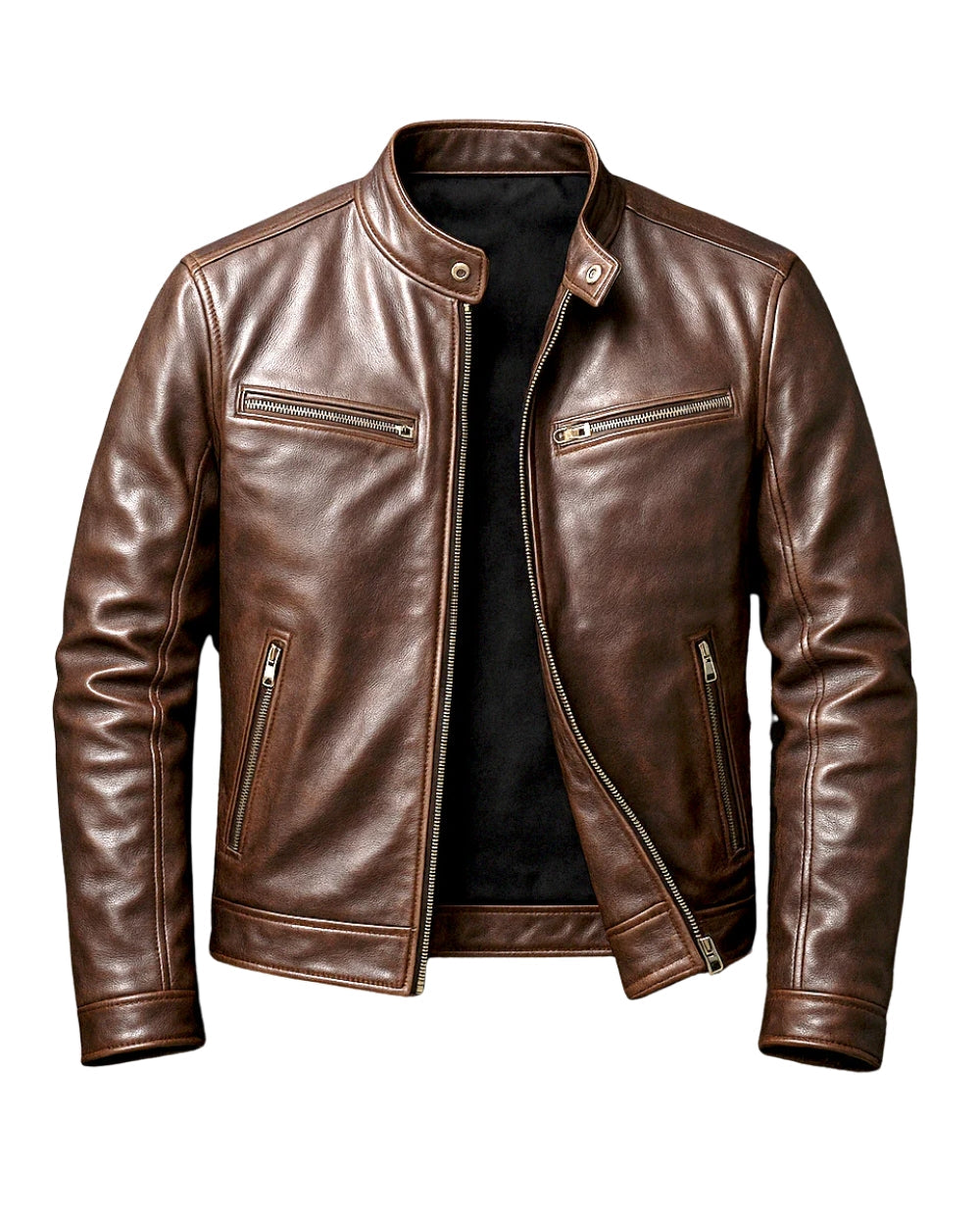 Classic Leather Jacket with Stand-Up Collar and Zipped Pockets for Men