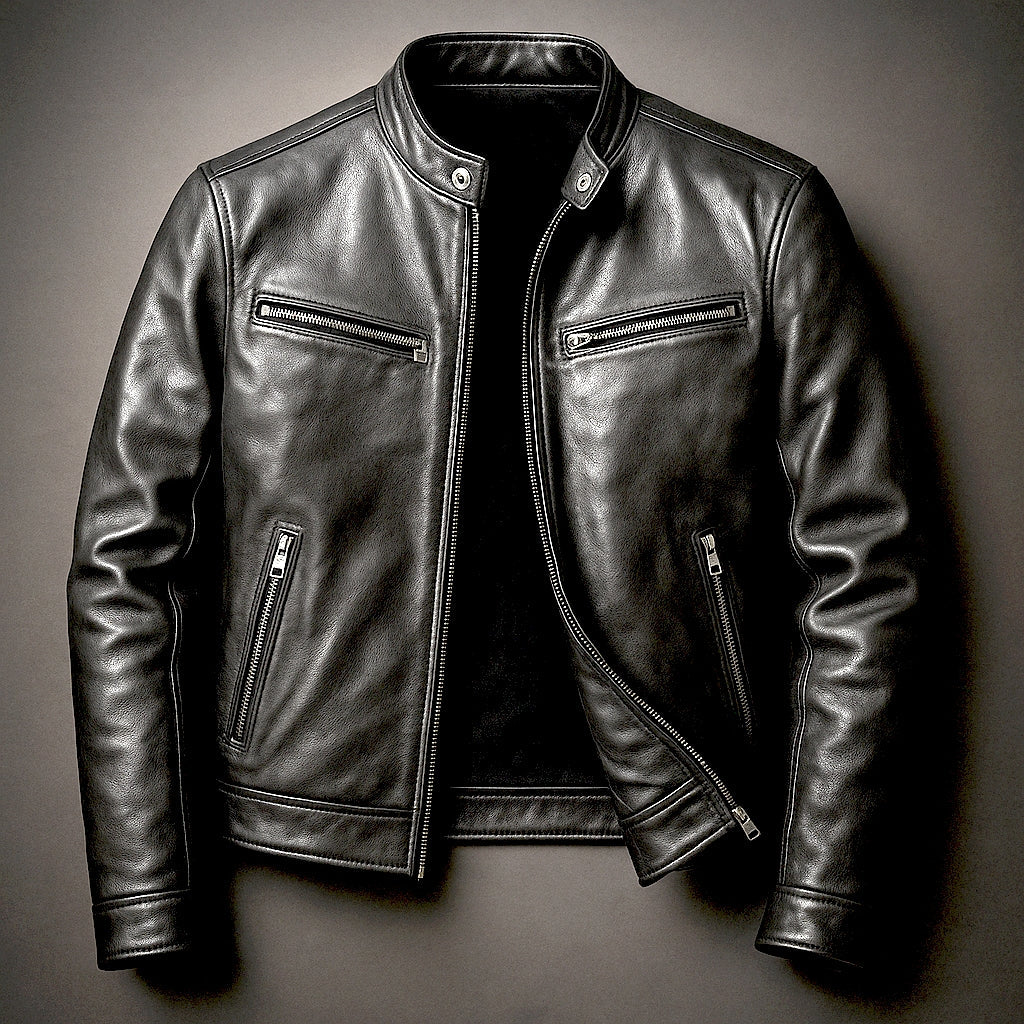 Classic Leather Jacket with Stand-Up Collar and Zipped Pockets for Men