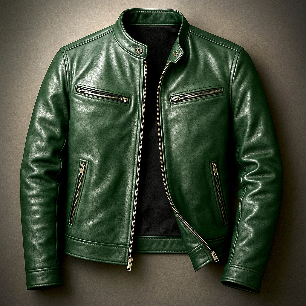 Classic Leather Jacket with Stand-Up Collar and Zipped Pockets for Men