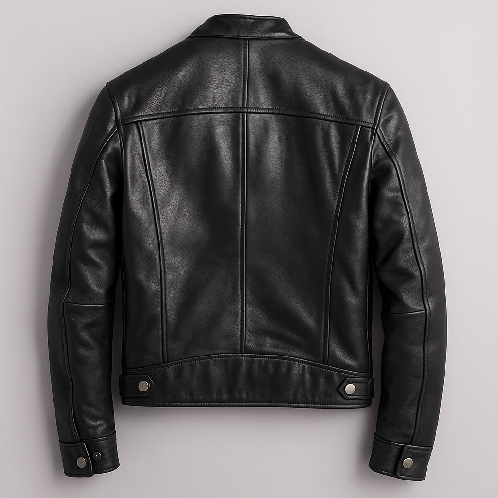 Classic Leather Jacket with Stand-Up Collar and Zipped Pockets for Men