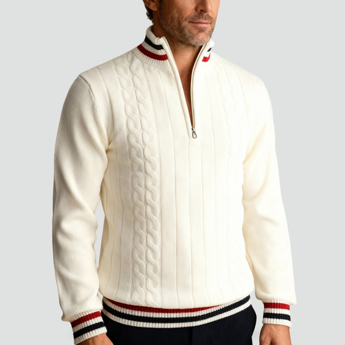 Classic Cable Knit Jumper with Half-Zip and Contrast Trim for Men