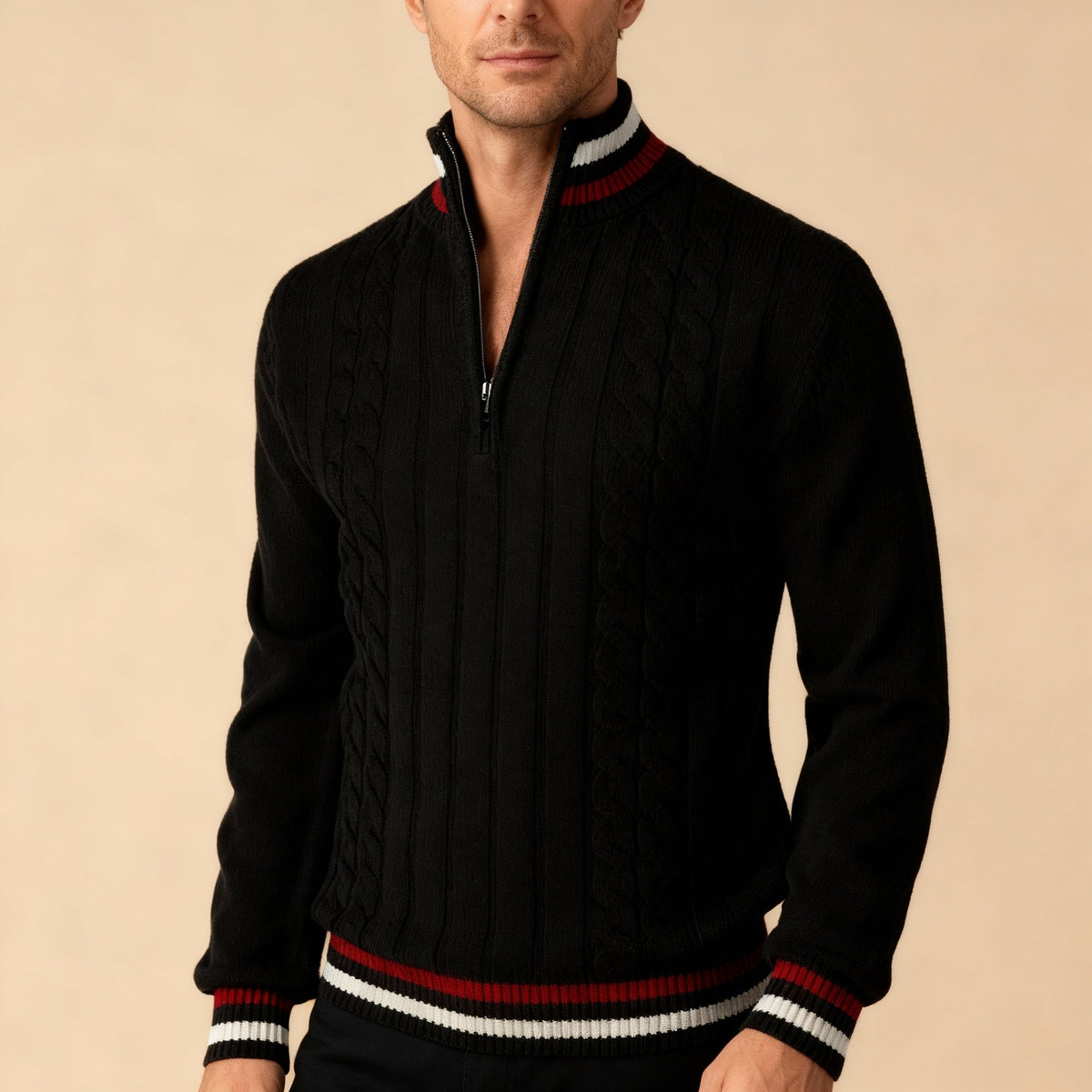 Classic Cable Knit Jumper with Half-Zip and Contrast Trim for Men