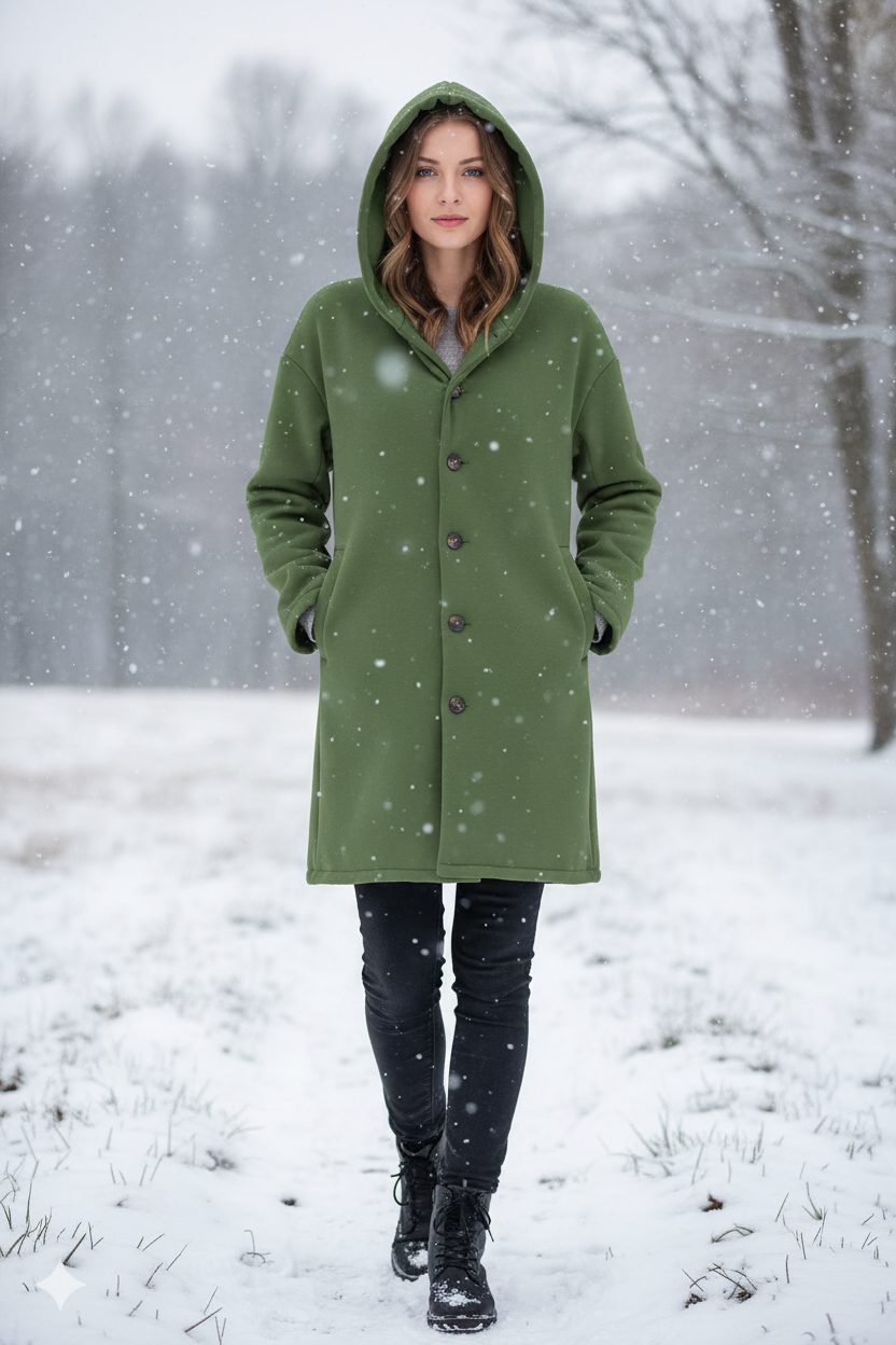 Womens Hooded Long Coat with Button Closure