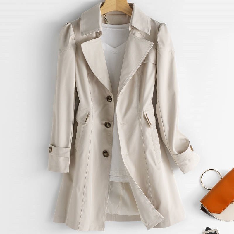 Women's Long Coat with Oversized Collar and Button Closure
