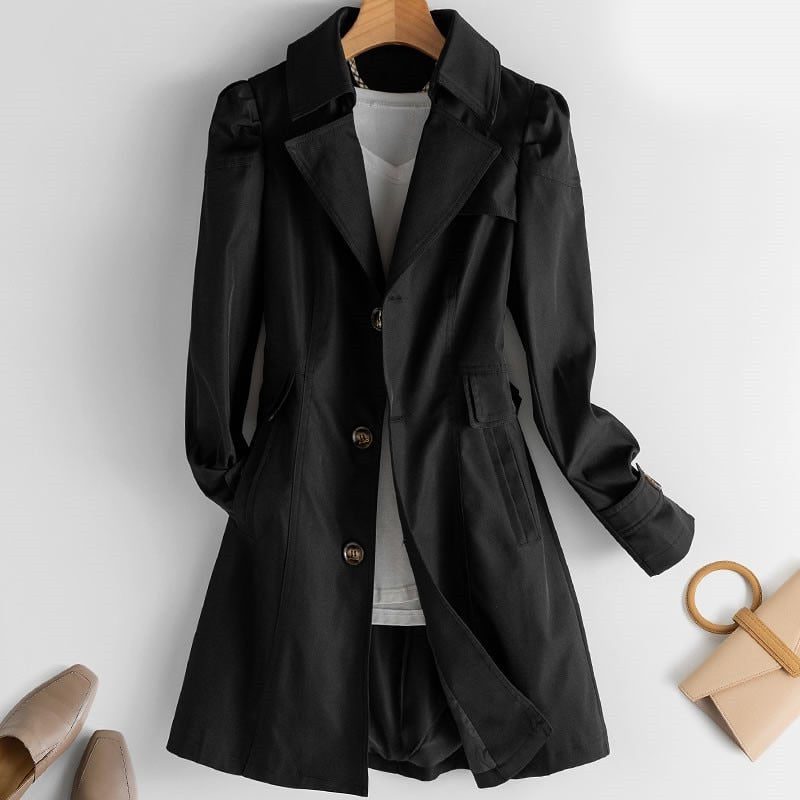 Women's Long Coat with Oversized Collar and Button Closure