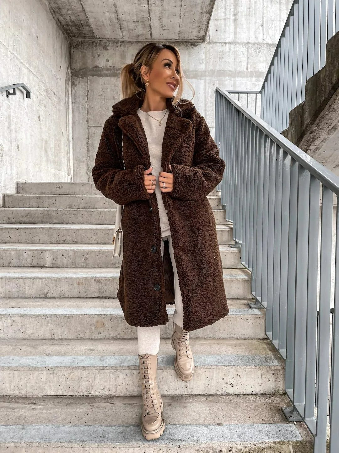 Women's Long Teddy Trench Coat with Button Closure