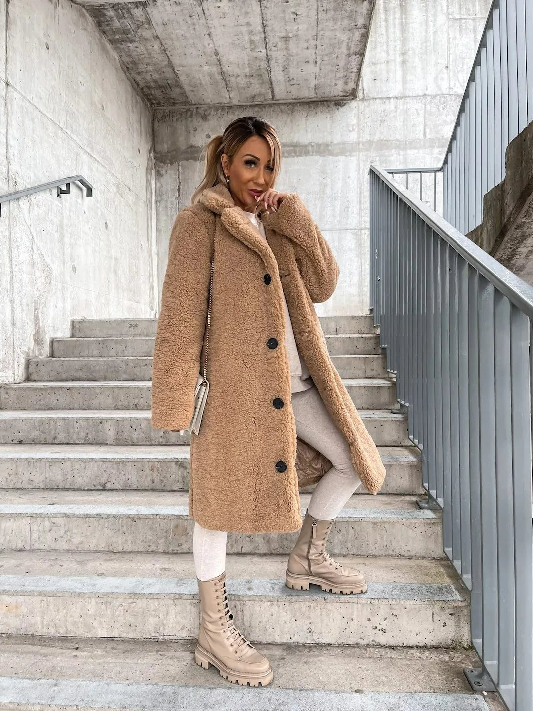 Women's Long Teddy Trench Coat with Button Closure