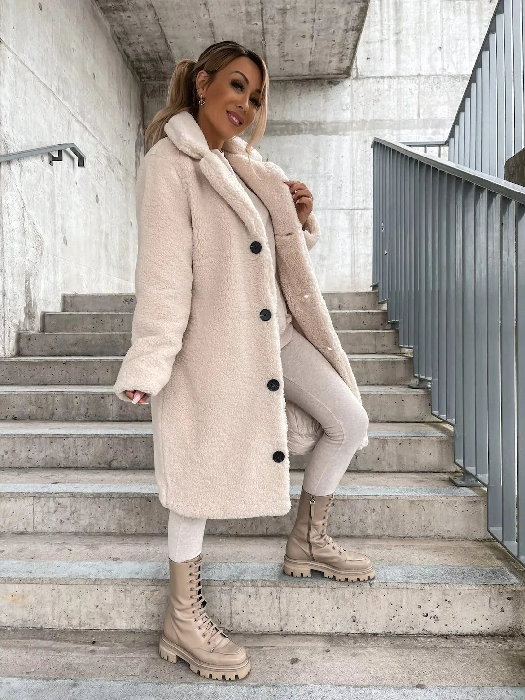 Women's Long Teddy Trench Coat with Button Closure