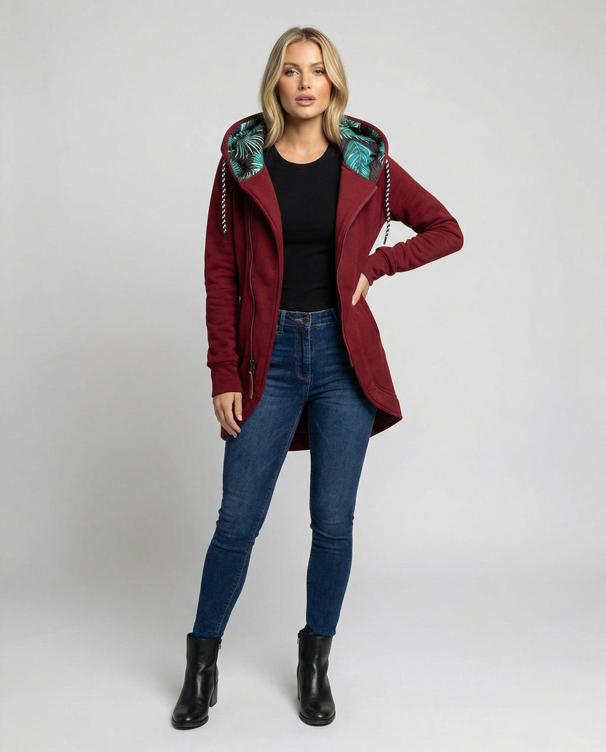 Women's Hooded Long Winter Coat with Palm Print Lining