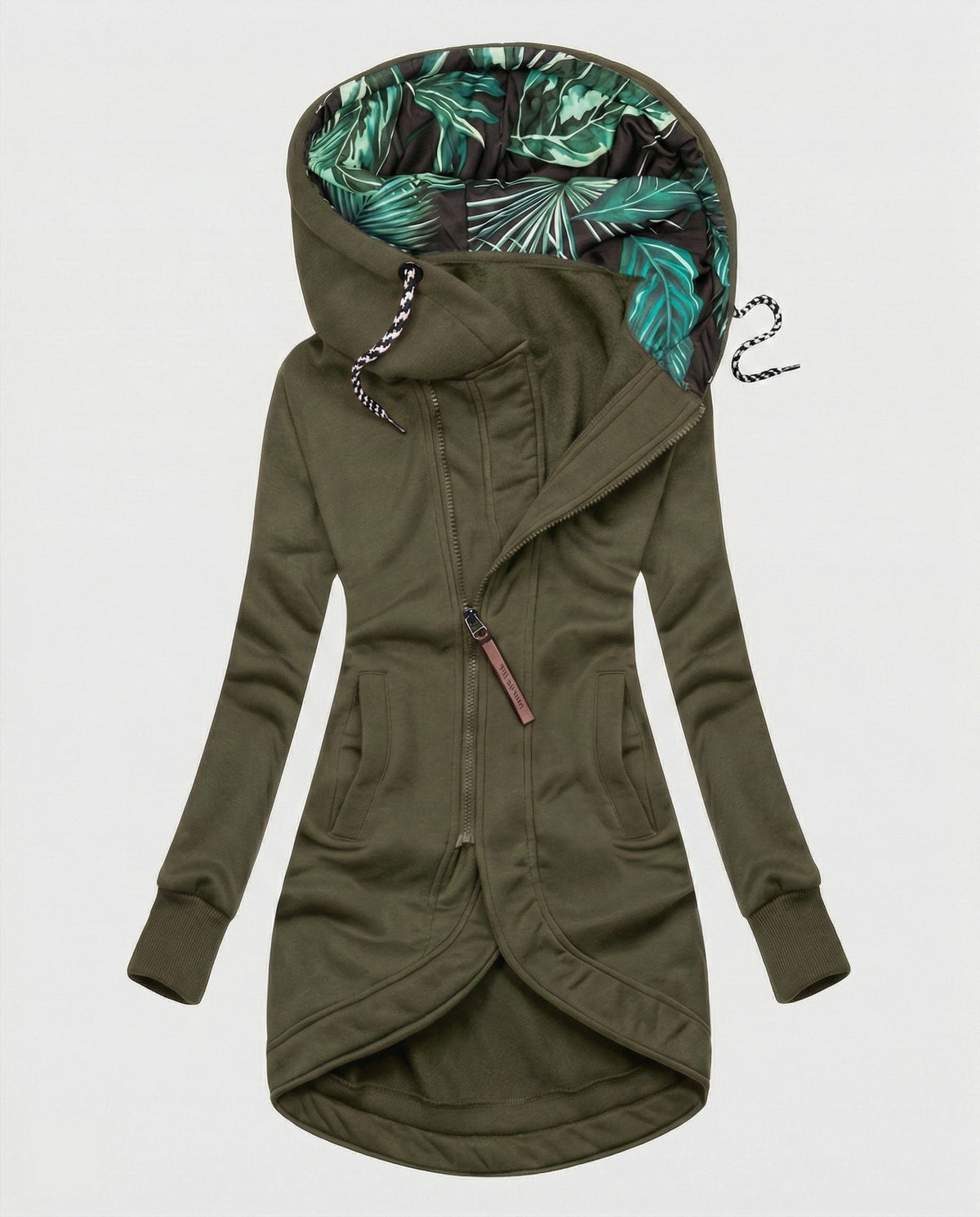 Women's Hooded Long Winter Coat with Palm Print Lining
