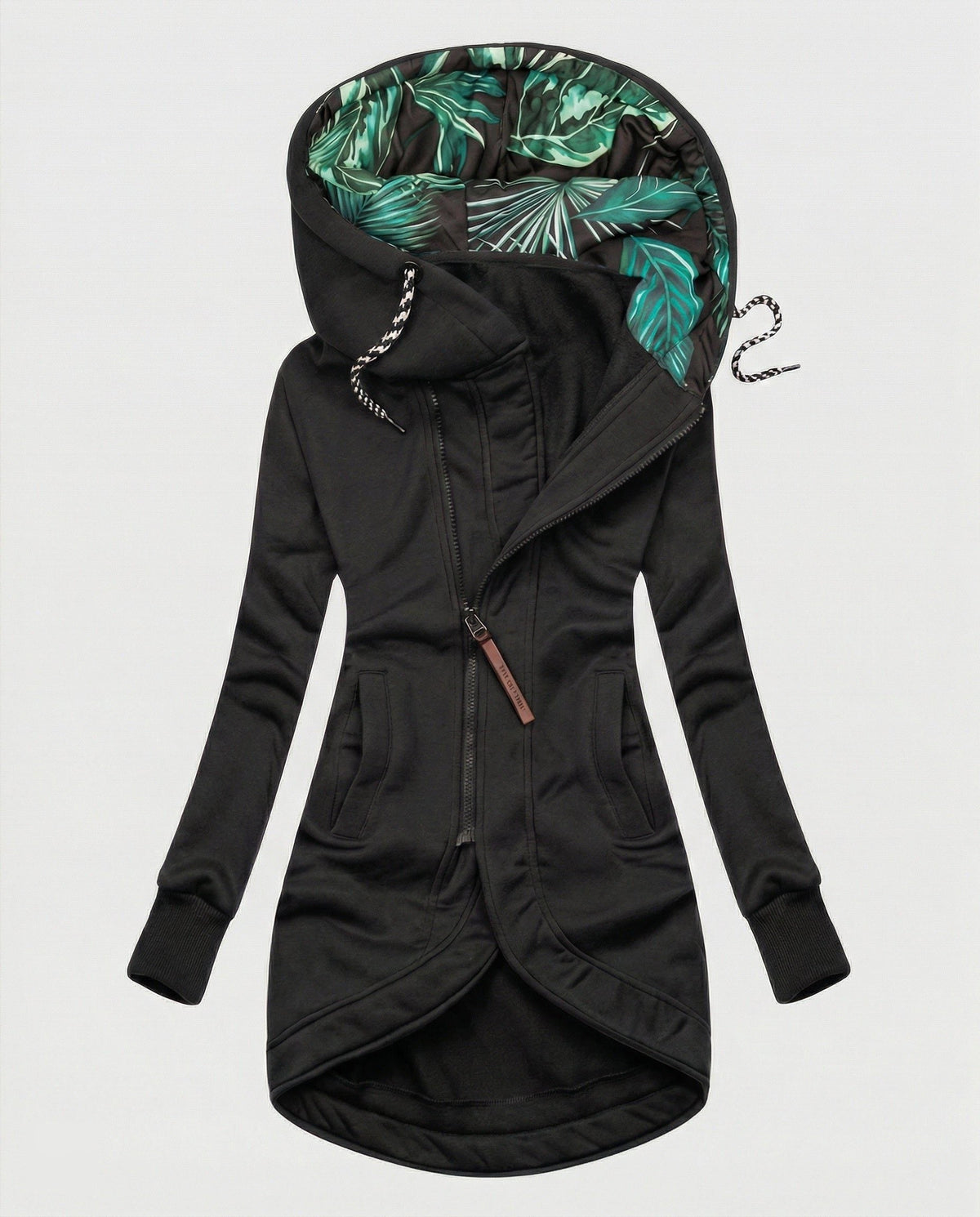 Women's Hooded Long Winter Coat with Palm Print Lining