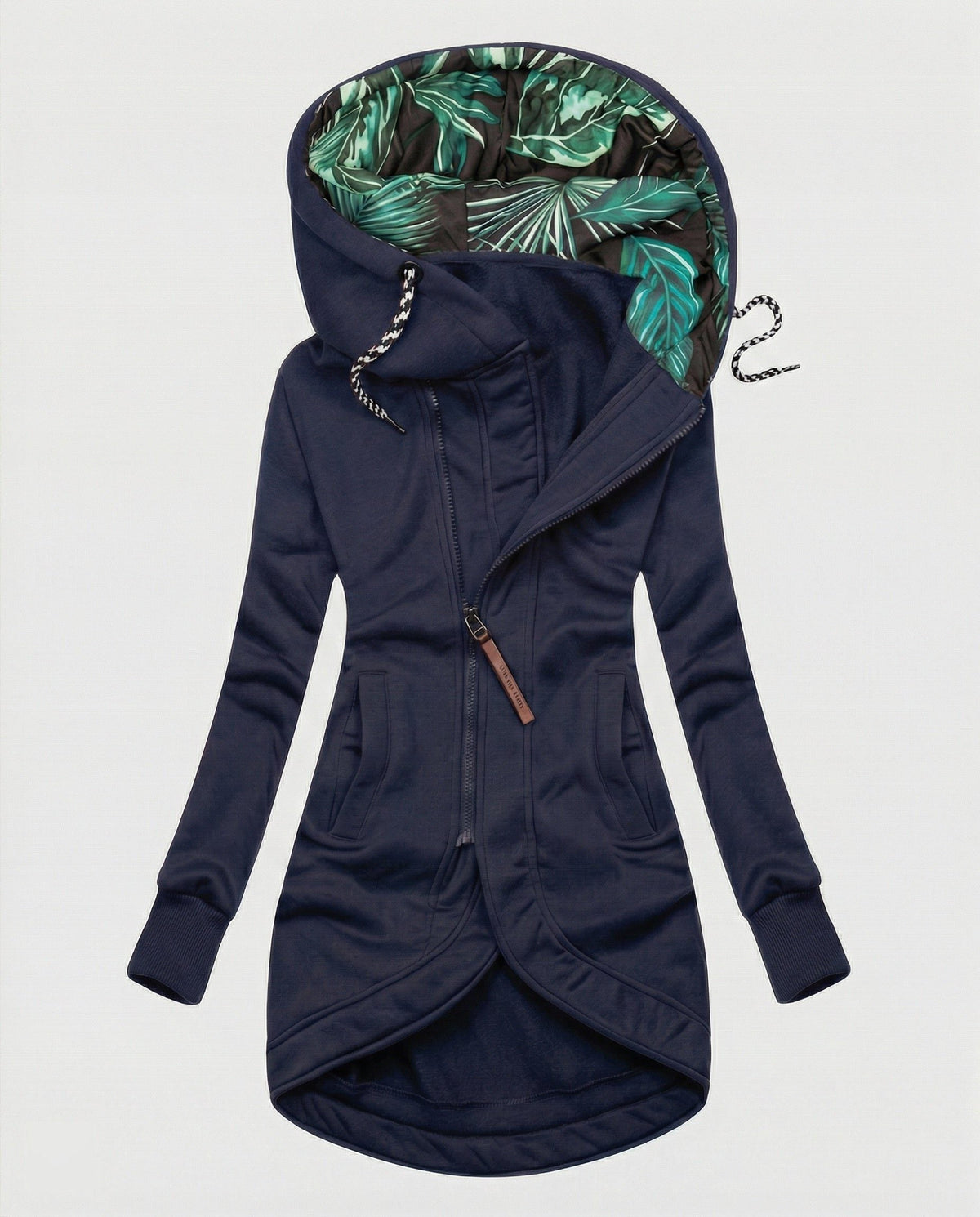Women's Hooded Long Winter Coat with Palm Print Lining