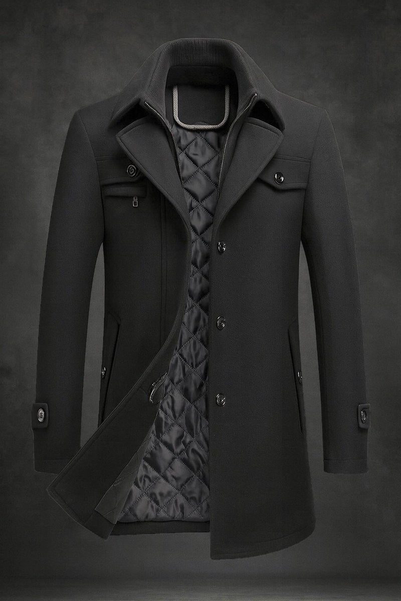 Men's Padded Long Winter Coat with Double Collar