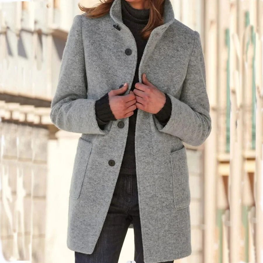 Women's Long Wool Winter Coat with Stand-Up Collar