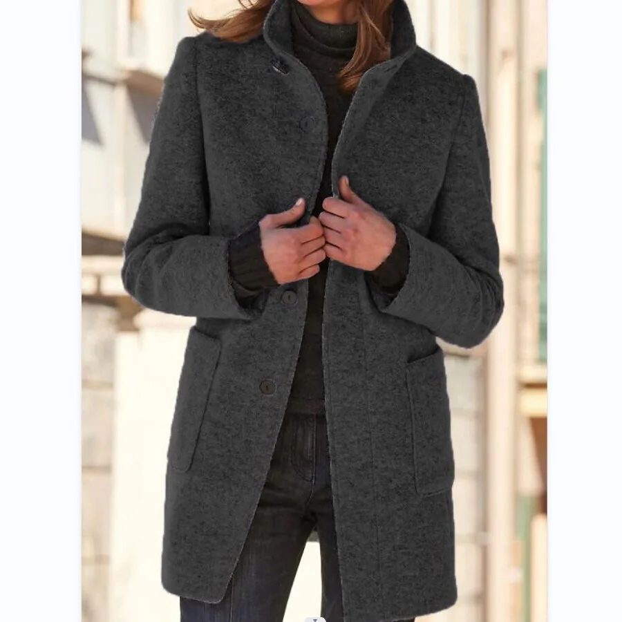 Women's Long Wool Winter Coat with Stand-Up Collar