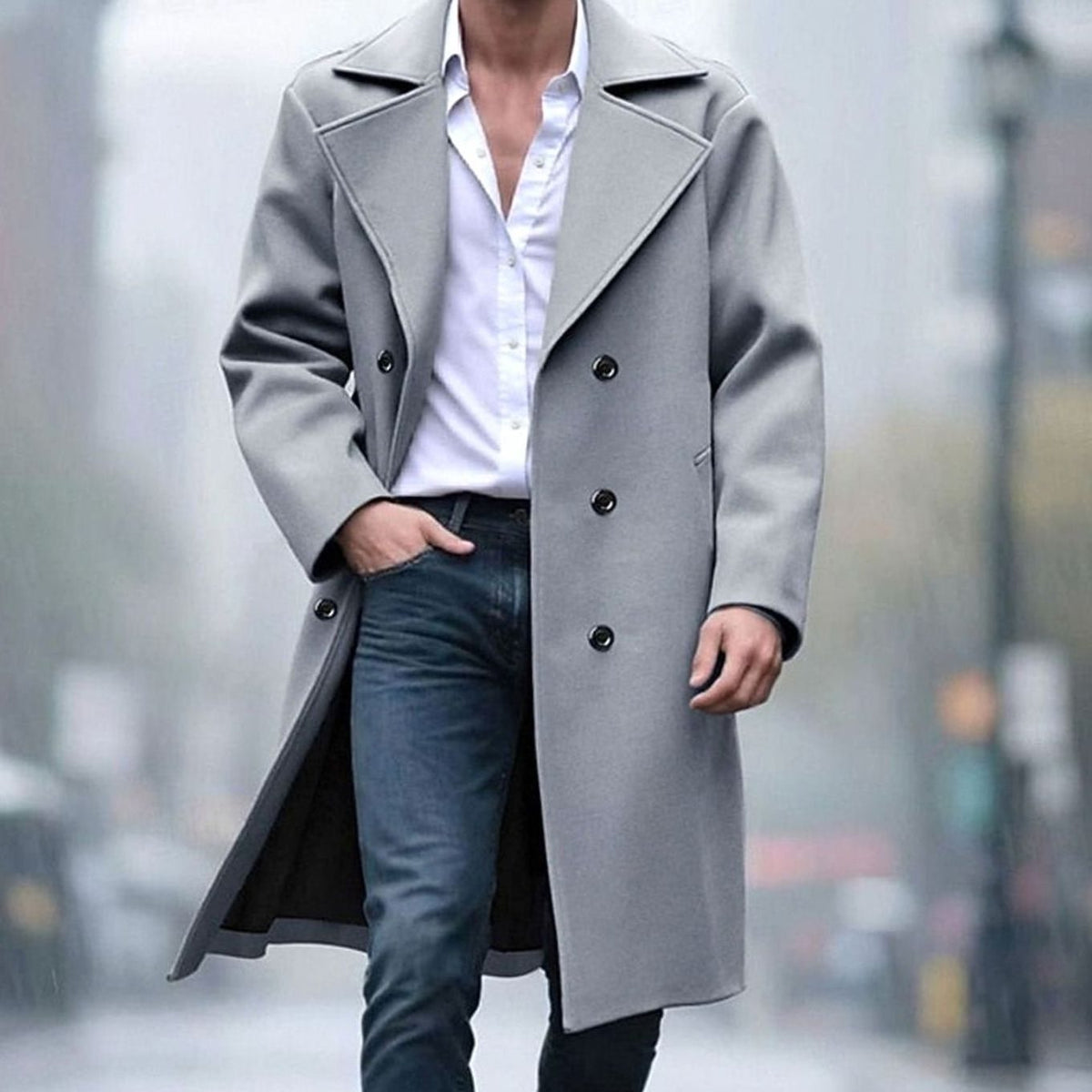 Men's Double-Breasted Long Wool Coat