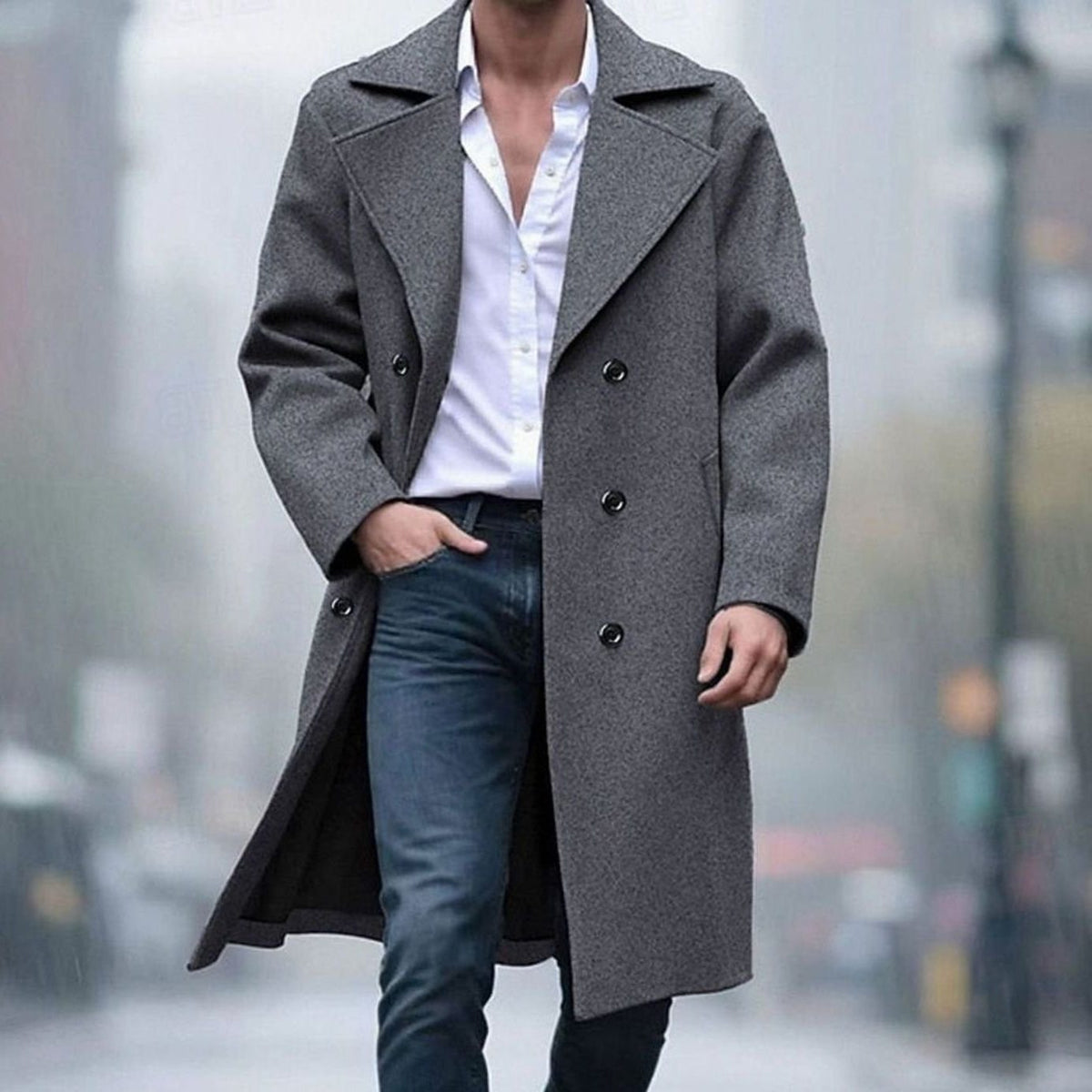 Men's Double-Breasted Long Wool Coat