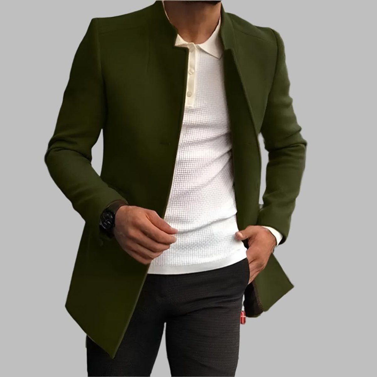 Men's Long Wool Coat with Stand-Up Collar