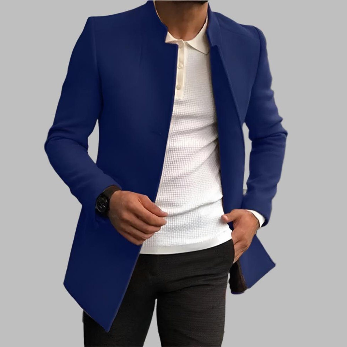 Men's Long Wool Coat with Stand-Up Collar