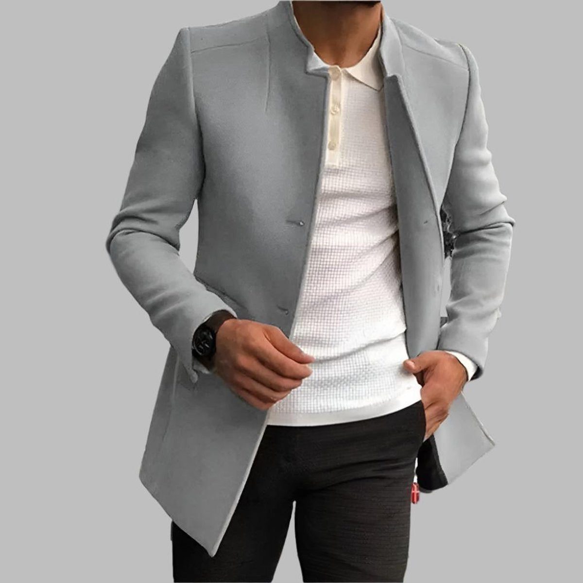 Men's Long Wool Coat with Stand-Up Collar