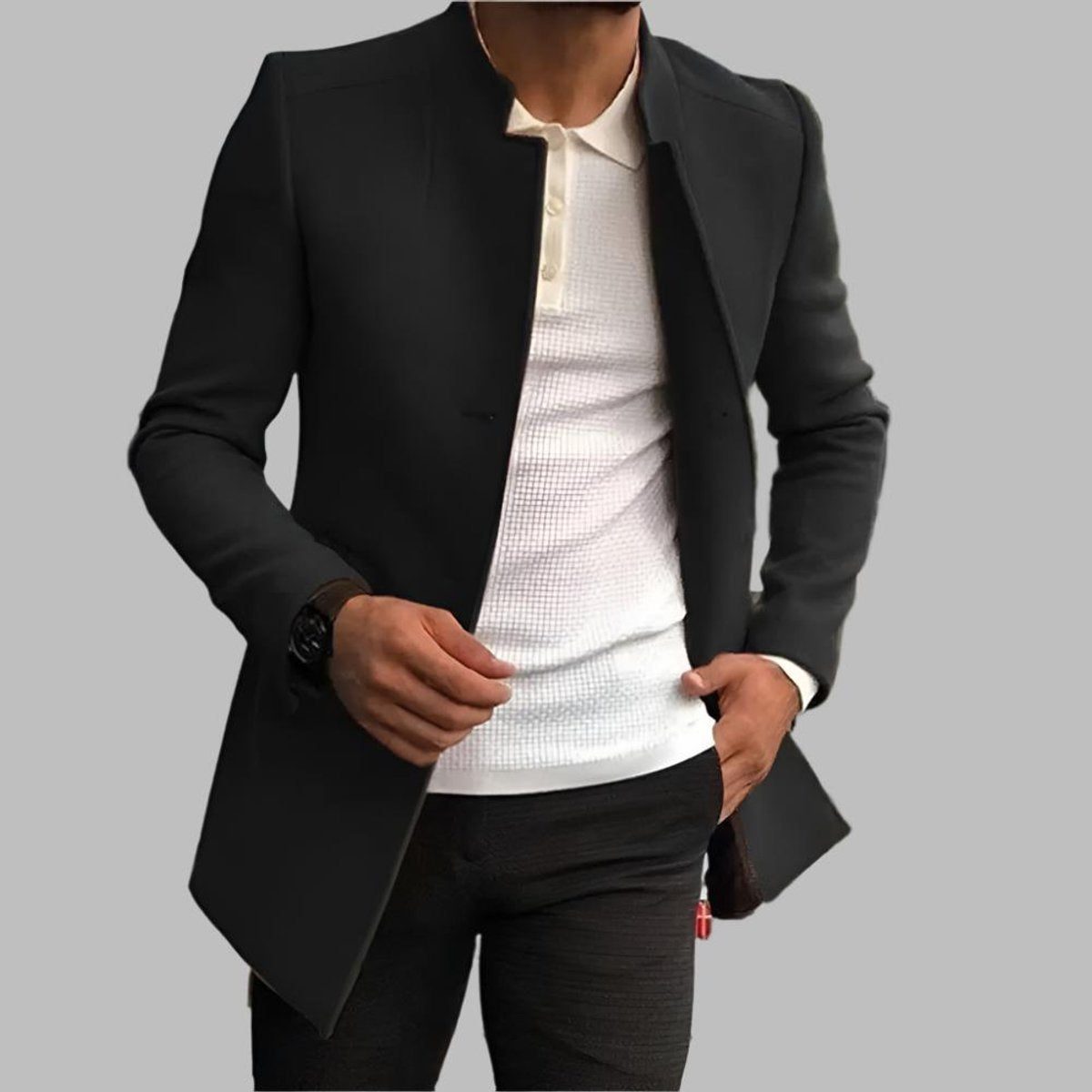 Men's Long Wool Coat with Stand-Up Collar