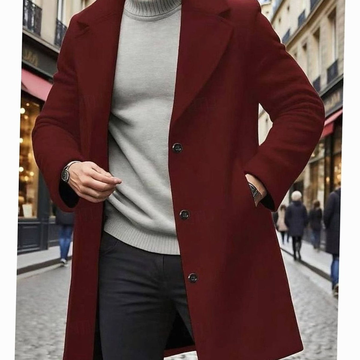 Men's Long Wool Winter Coat with Single Button Row