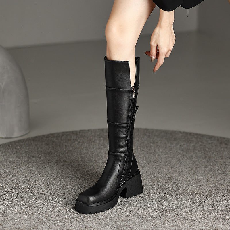 Women's Knee-High Boots with Round Toe and Zipper Closure