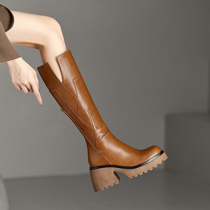Women's Knee-High Boots with Round Toe and Zipper Closure