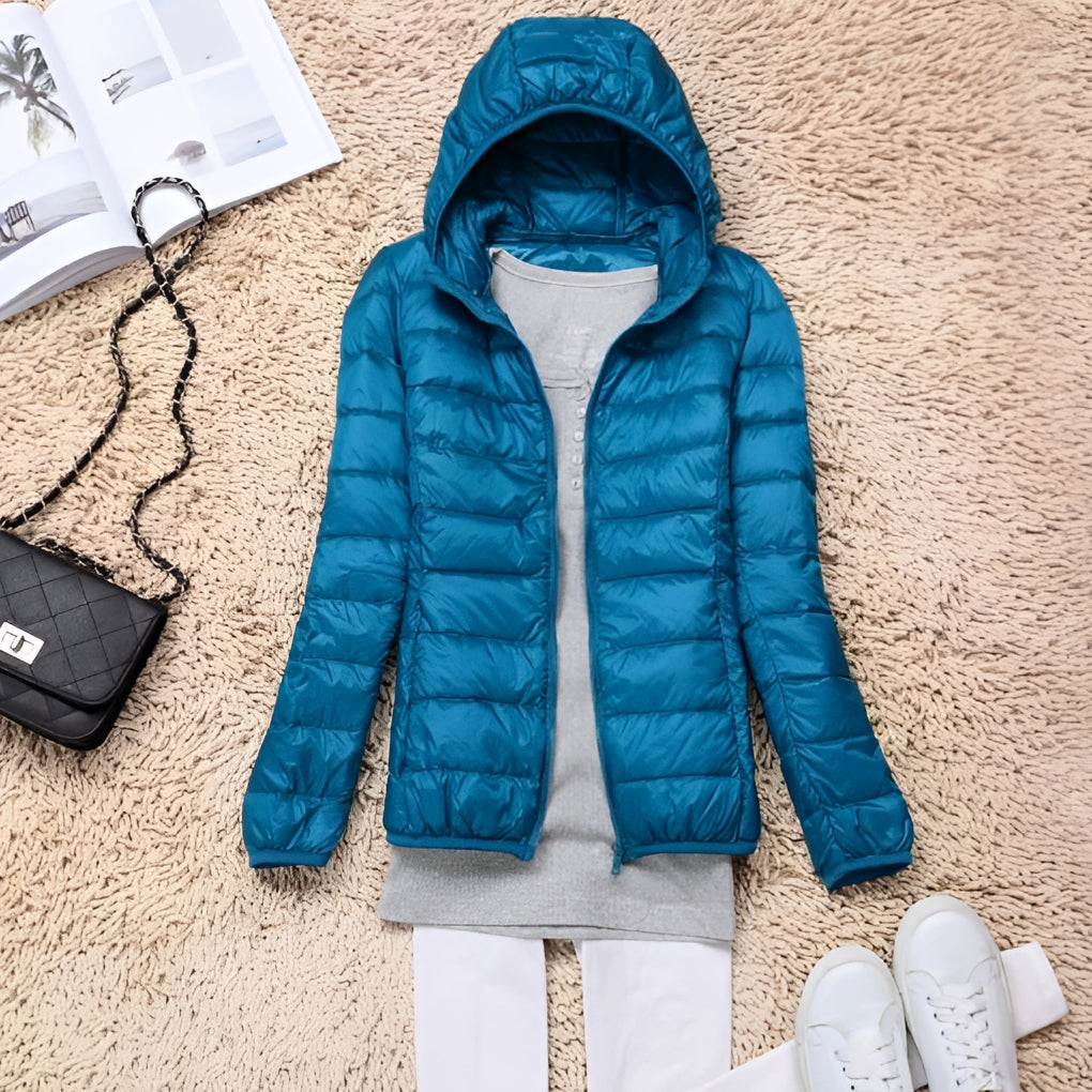 Lightweight Down Jacket for Women with Hood and Sporty Style