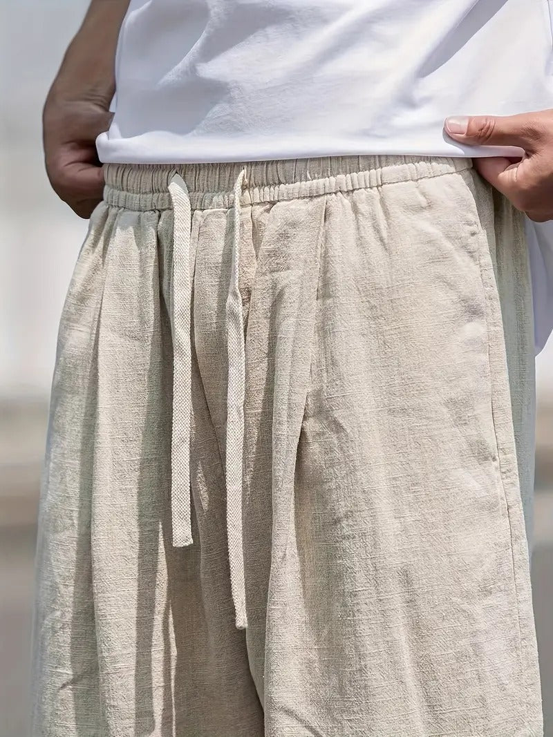 Linen Trousers for Men Wide Fit Elastic Waist Pockets