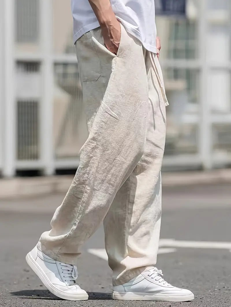 Linen Trousers for Men Wide Fit Elastic Waist Pockets