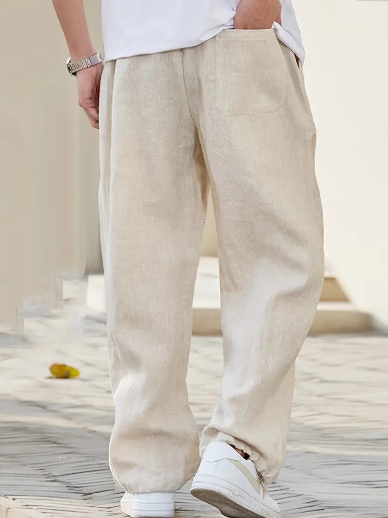 Linen Trousers for Men Wide Fit Elastic Waist Pockets