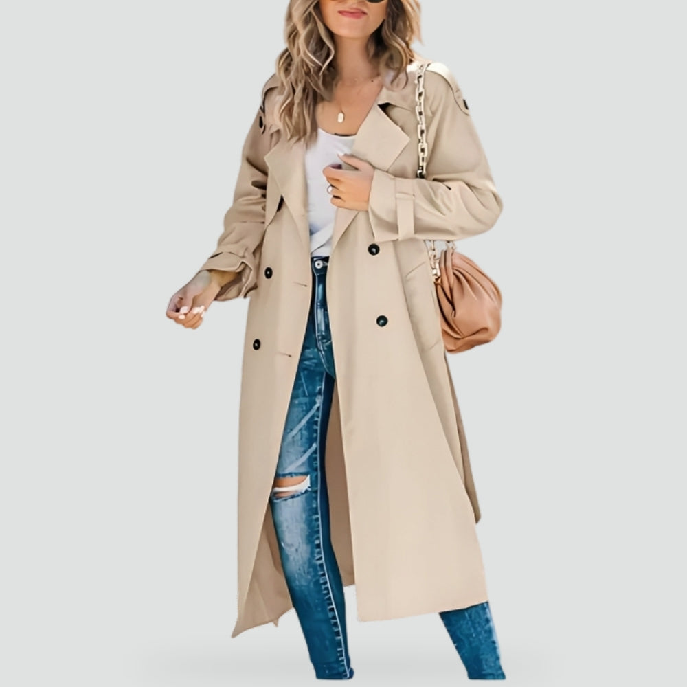 Luxe Ladies Trench Coat with Double Breasted Buttons and Turn-Down Collar