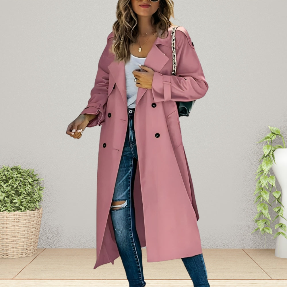 Luxe Ladies Trench Coat with Double Breasted Buttons and Turn-Down Collar