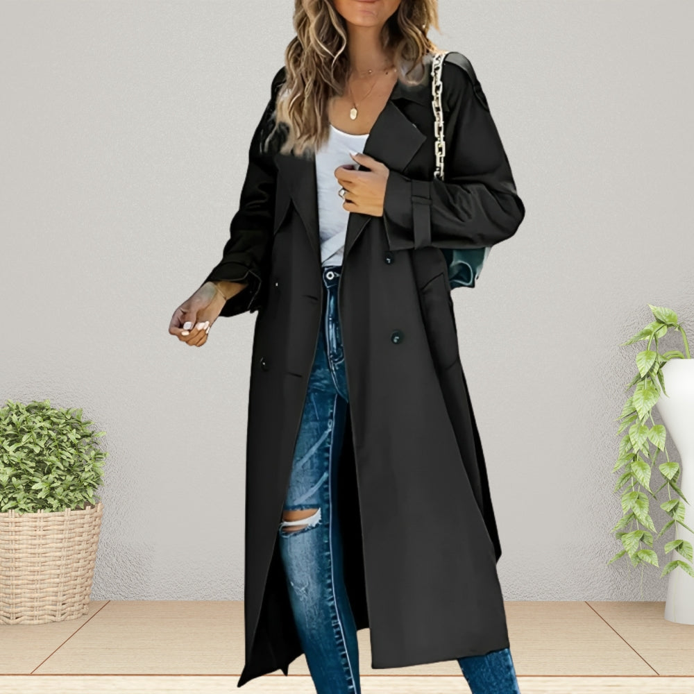 Luxe Ladies Trench Coat with Double Breasted Buttons and Turn-Down Collar