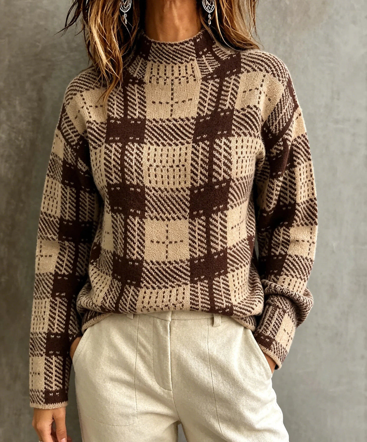 Women's Plaid Knit Top with Mock Neckline