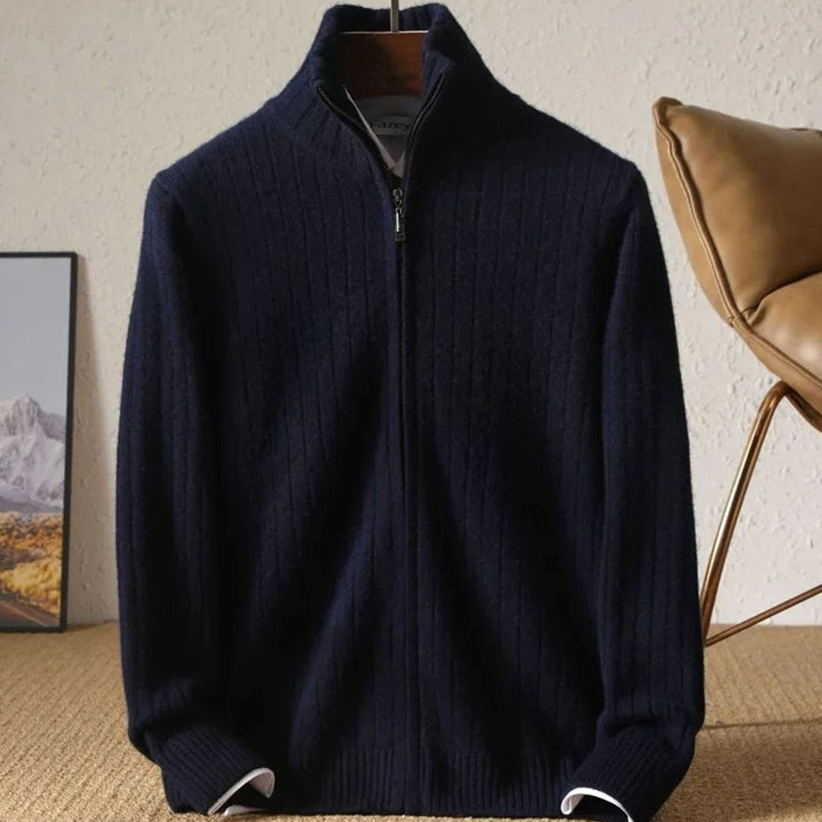 Nathan | Men's Ribbed Knit Cardigan Sweater with Full-Zip and Stand Collar